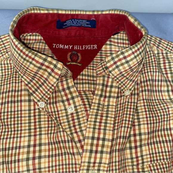 Tommy Hilfiger Long sleeve Shirt Button Down Men's L Pockets Logo Beige Plaid - Picture 5 of 9